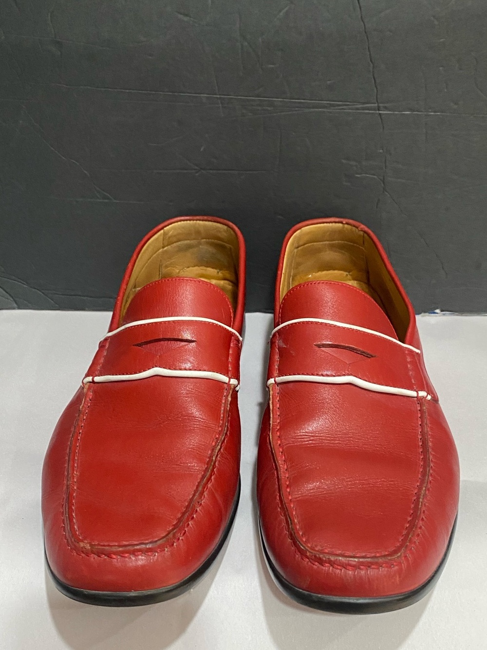 Santino Men's Red Leather Penny Loafers – White Piping Accent Sz 10